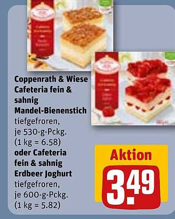 Coppenrath & Wiese Cafeteria fein & sahnig Mandel-Bienenstich tiefgefroren, je 530-g-Pckg. (1 kg = 6.58) oder Cafeteria fein & sahnig Erdbeer Joghurt tiefgefroren, je 600-g-Pckg. (1 kg = 5.82)