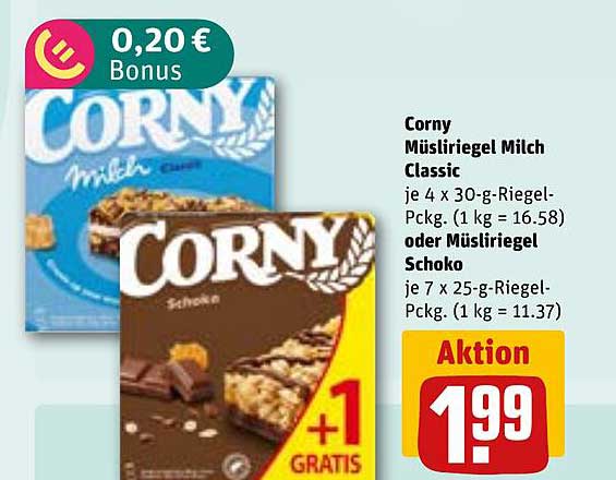 Corny Müsliriegel Milch Classic je 4 x 30-g-Riegel-Packg. (1 kg = 16.58) oder Müsliriegel Schoko je 7 x 25-g-Riegel-Packg. (1 kg = 11.37)