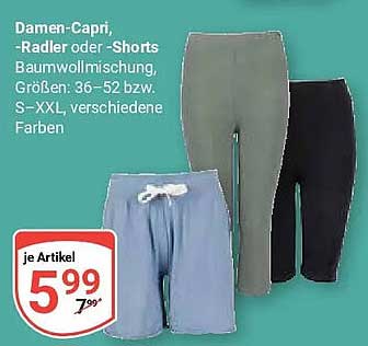 Damen-Capri, -Radler oder -Shorts Baumwollmischung, Größen: 36–52 bzw. S–XXL, verschiedene Farben