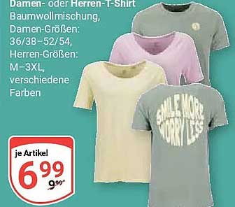 Damen- oder Herren-T-Shirt Baumwollmischung, Damen-Größen: 36/38–52/54, Herren-Größen: M–3XL, verschiedene Farben