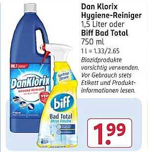 DanKlorix Hygiene-Reiniger 1,5 Liter oder Biff Bad Total 750 ml