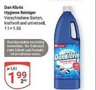 DanKlorix Hygiene Reiniger Verschiedene Sorten, kraftvoll und universell, 1 l = 1.33
