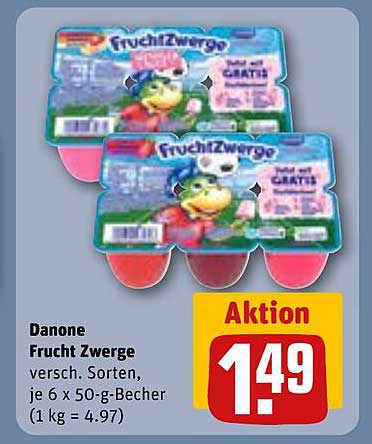 Danone Frucht Zwerge versch. Sorten, je 6 x 50-g-Becher (1 kg = 4.97)