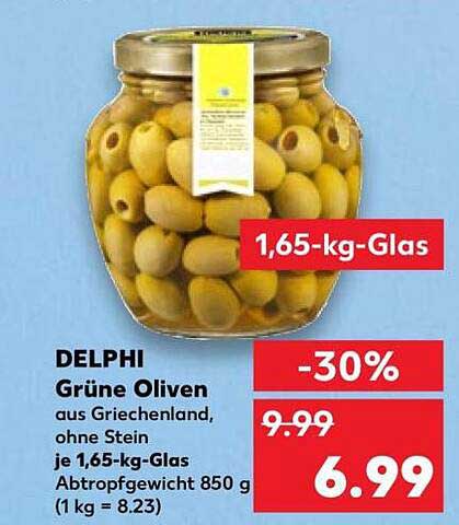 DELPI Grüne Oliven aus Griechenland, ohne Stein je 1,65-kg-Glas Abtropfgewicht 850 g (1 kg = 8.23)