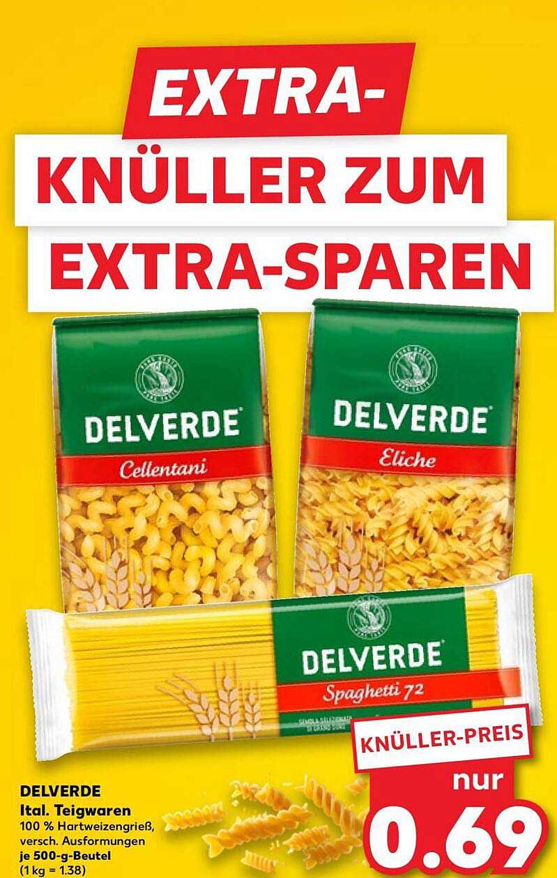 DELVERDE Ital. Teigwaren 100 % Hartweizengrieß, versch. Ausformungen je 500-g-Beutel (1 kg = 1.38)