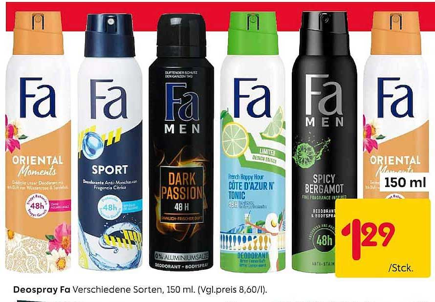 Deospray Fa Verschiedene Sorten, 150 ml. (Vgl.preis 8,60/l).