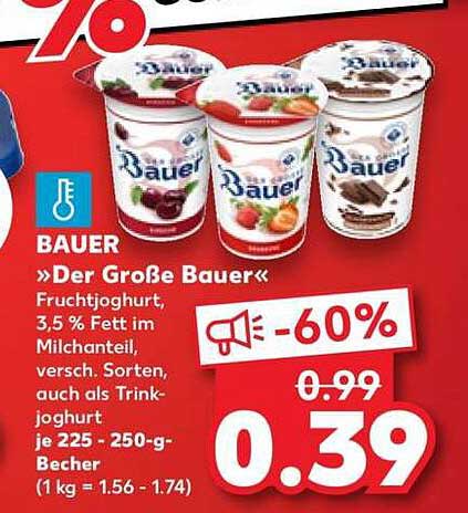 »Der Große Bauer« Fruchtjoghurt, 3,5 % Fett im Milchanteil, versch. Sorten, auch als Trinkjoghurt je 225 - 250-g-Becher