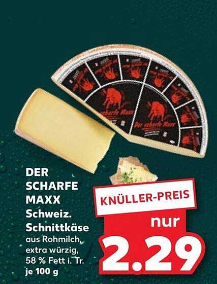 DER SCHARFE MAXX Schweiz. Schnittkäse aus Rohmilch, extra würzig, 58 % Fett i. Tr. je 100 g