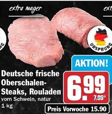 Deutsche frische Oberschalen-Steaks, Rouladen vom Schwein, natur