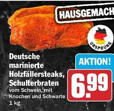 Deutsche marinierte Holzfällersteaks, Schulterbraten vom Schwein, mit Knochen und Schwarte 1 kg