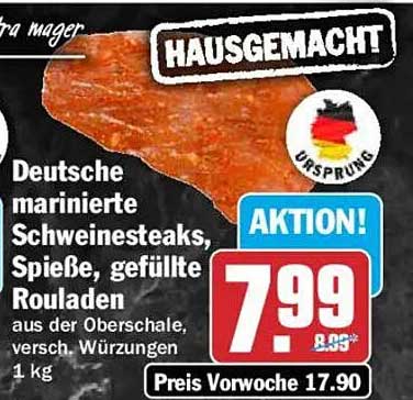 Deutsche marinierte Schweinesteaks, Spieße, gefüllte Rouladen aus der Oberschale, versch. Würzungen 1 kg