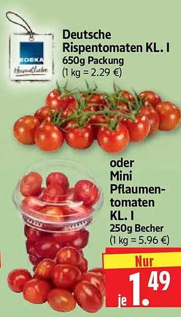 Deutsche Rispentomaten KL. I 650g Packung