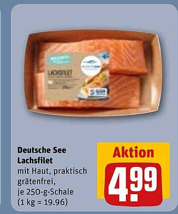 Deutsche See Lachsfilet mit Haut, praktisch grätenfrei, je 250-g-Schale (1 kg = 19.96)