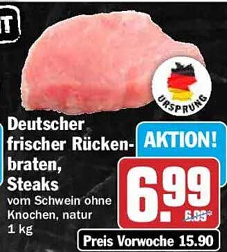 Deutscher frischer Rückenbraten, Steaks vom Schwein ohne Knochen, natur 1 kg
