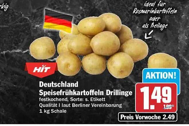 Deutschland Speisefrühkartoffeln Drillinge festkochend, Sorte: s. Etikett Qualität I laut Berliner Vereinbarung 1 kg Schale