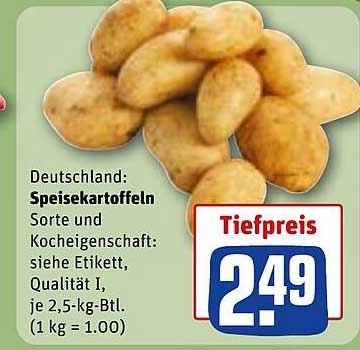 Deutschland: Speisekartoffeln Sorte und Kocheigenschaft: siehe Etikett, Qualität I, je 2,5-kg-Btl. (1 kg = 1.00)