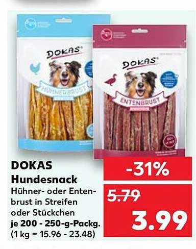 DOKAS Hundesnack Hühner- oder Entenbrust in Streifen oder Stücken je 200 - 250-g-Packg. (1 kg = 15.96 - 23.48)