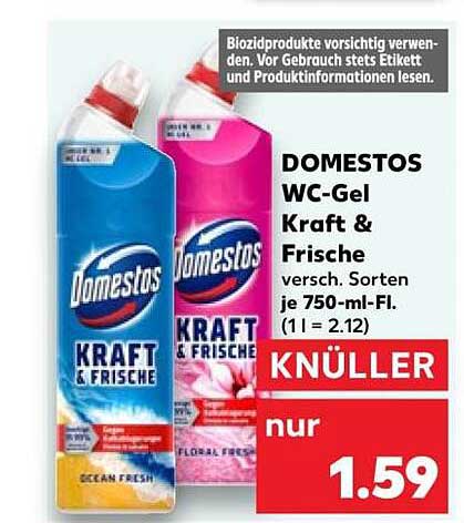 DOMESTOS WC-Gel Kraft & Frische, versch. Sorten, je 750-ml-Fl. (1 l = 2.12)