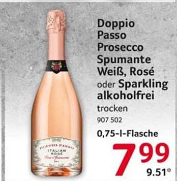 Doppio Passo Prosecco Spumante Weiß, Rosé oder Sparkling alkoholfrei trocken 0,75-l-Flasche