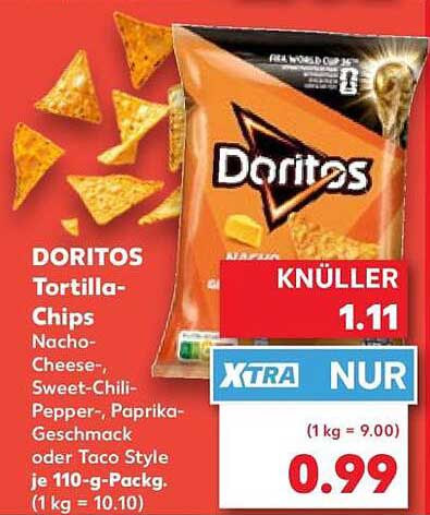 DORITOS Tortilla-Chips Nacho-Cheese-, Sweet-Chili-Pepper-, Paprika-Geschmack oder Taco Style je 110-g-Packg.