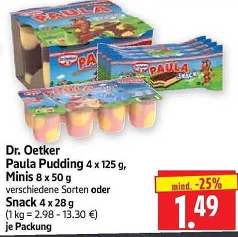 Dr. Oetker Paula Pudding 4 x 125 g, Minis 8 x 50 g verschiedene Sorten oder Snack 4 x 28 g (1 kg = 2.98 - 13.30 €) je Packung