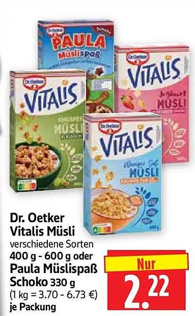 Dr. Oetker Vitalis Müsli verschiedene Sorten 400 g - 600 g oder Paula Müslispaß Schoko 330 g