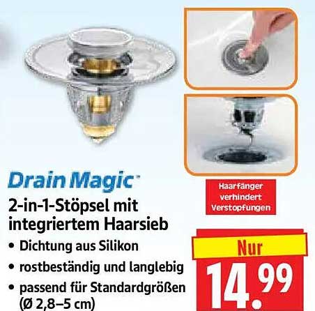 Drain Magic 2-in-1-Stöpsel mit integriertem Haarsieb