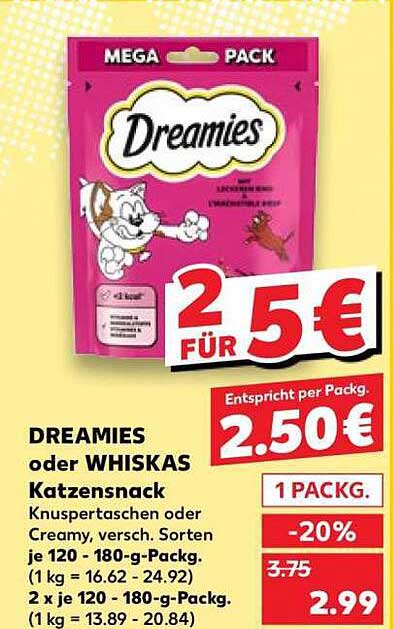 DREAMIES oder WHISKAS Katzensnack Knuspertaschen oder Creamy, versch. Sorten je 120 - 180-g-Packg. (1 kg = 16.62 - 24.92) 2 x je 120 - 180-g-Packg. (1 kg = 16.62 - 20.84)