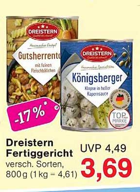 Dreistern Fertiggericht versch. Sorten, 800 g (1 kg = 4,61)