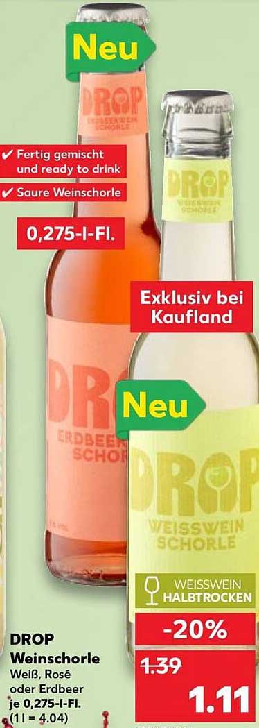 DROP Weinschorle Weiß, Rose oder Erdbeer je 0,275-l-Fl.