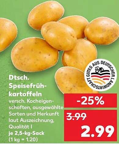 Dtsch. Speisekartoffeln versch. Kocheigenschaften, ausgewählte Sorten und Herkunft laut Auszeichnung, Qualität I, je 2,5-kg-Sack (1 kg = 1,20)