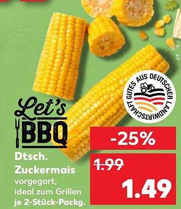 Dtsch. Zuckermais vorgegart, ideal zum Grillen je 2-Stück-Pack.