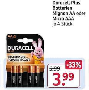 Duracell Plus Batterien Mignon AA oder Micro AAA je 4 Stück