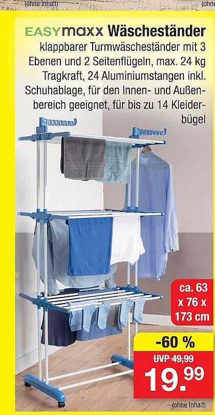 EASYmaxx Wäscheständer klappbarer Turm-Wäscheständer mit 3 Ebenen und 2 Seitenflügeln, max. 24 kg Tragkraft, 24 Aluminiumstangen inkl. Schuhablage, für den Innen- und Außenbereich geeignet, für bis zu 14 Kleiderbügel