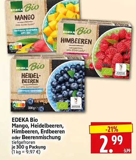 EDEKA Bio Mango, Heidelbeeren, Himbeeren, Erdbeeren oder Beerenmischung tiefgefroren je 300 g Packung (1 kg = 9.97 €)