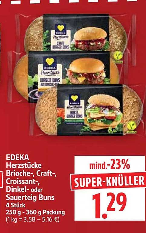 EDEKA Herzstücke Brioche-, Craft-, Croissant-, Dinkel- oder Sauerteig Buns 4 Stück