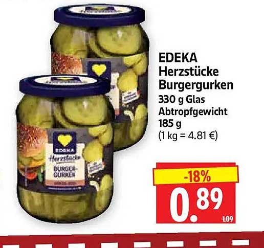 EDEKA Herzstücke Burgergurken 330 g Glas Abtropfgewicht 185 g (1 kg = 4.81 €)