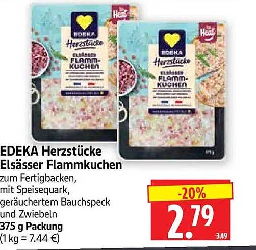 EDEKA Herzstücke Elsässer Flammkuchen zum Fertigbacken, mit Speisequark, geräuchertem Bauchspeck und Zwiebeln 375 g Packung