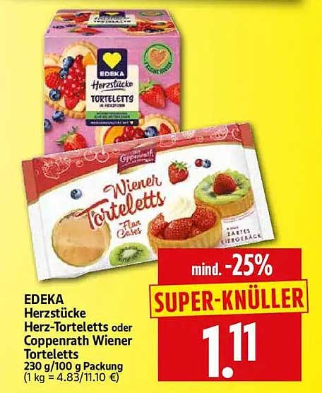 EDEKA Herzstücke Herz-Torteletts oder Coppenrath Wiener Torteletts 230 g/100 g Packung