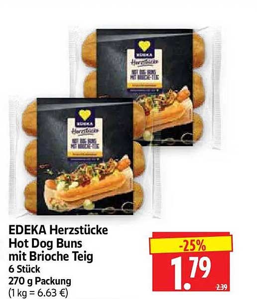 EDEKA Herzstücke Hot Dog Buns mit Brioche Teig 6 Stück 270 g Packung (1 kg = 6.63 €)