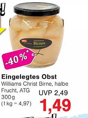 Eingelegtes Obst Williams Christ Birne, halbe Frucht, ATG 300 g (1 kg = 4,97)