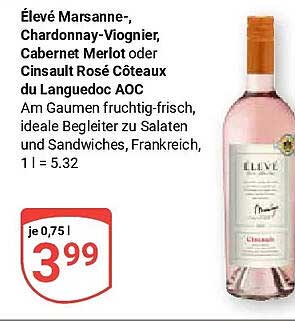Élevé Marsanne-, Chardonnay-Viognier, Cabernet Merlot oder Cinsault Rosé Coteaux du Languedoc AOC
