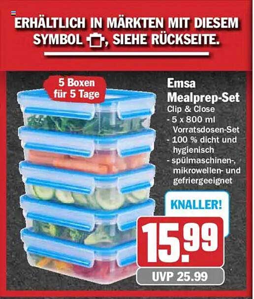 Emsa Mealprep-Set Clip & Close - 5 x 800 ml Vorratsdosen-Set - 100 % dicht und hygienisch - spülmaschinen-, mikrowellen- und gefriereignet