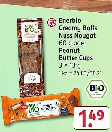 Enerbio Creamy Balls Nuss Nougat 60 g oder Peanut Butter Cups 3 x 13 g