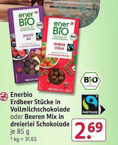 Enerbio Erdbeere Stücke in Vollmilchschokolade oder Beeren Mix in dreierlei Schokolade je 85 g