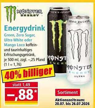 Energydrink Green, Zero Sugar, Ultra White oder Mango Loco koffein- und taurinhaltiges Erfrischungsgetränk, je 500 ml, zzgl. -.25 Pfand (1 l = 1,75)