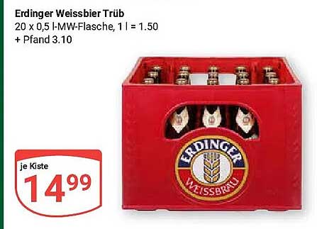 Erdinger Weissbier Trüb 20 x 0,5 l-MW-Flasche, 1 l = 1.50 + Pfand 3.10
