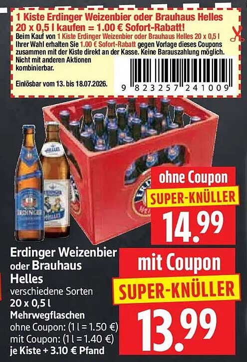 Erdinger Weizenbier oder Brauhaus Helles 20 x 0,5 l kaufen = 1.00 € Sofort-Rabatt!