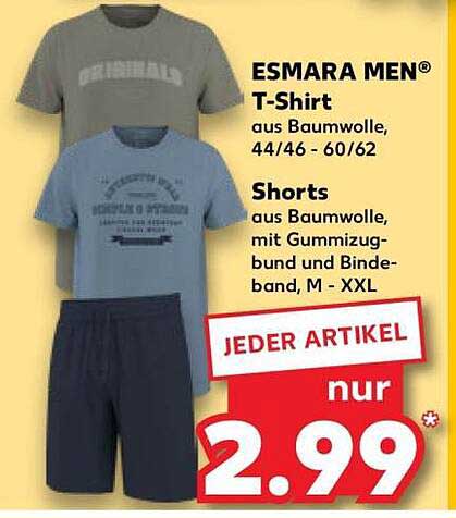 ESMARA MEN T-Shirt aus Baumwolle, 44/46 - 60/62 Shorts aus Baumwolle, mit Gummizug- bund und Binde-band, M - XXL JEDER ARTIKEL nur