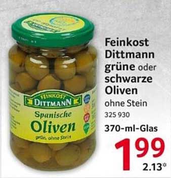 Feinkost Dittmann grüne oder schwarze Oliven ohne Stein 370-ml-Glas